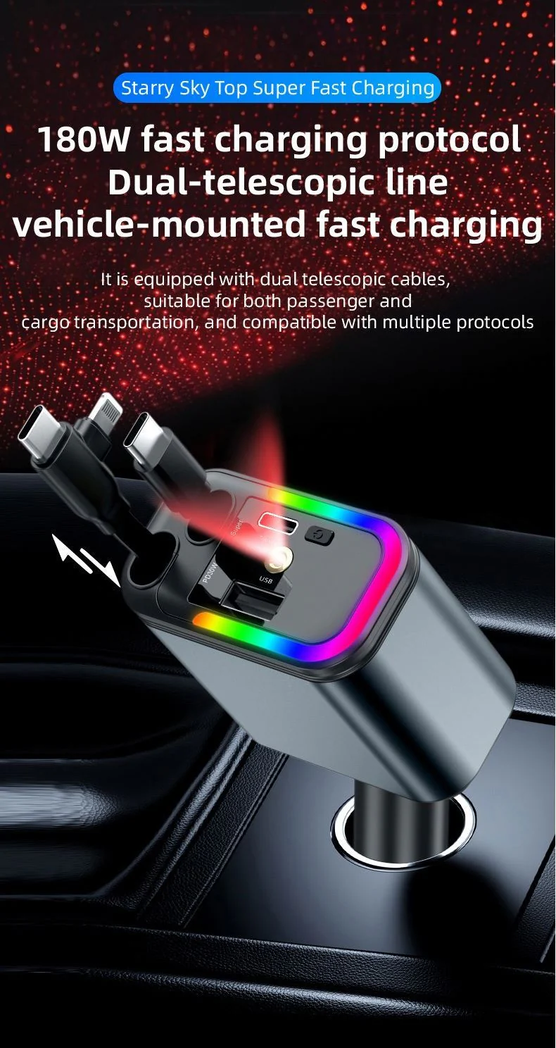 5-in-1 Retractable Car Charger – LED Starlight + QC3.0 + High-Speed USB Type-C / USB-A Outputs - Image 3