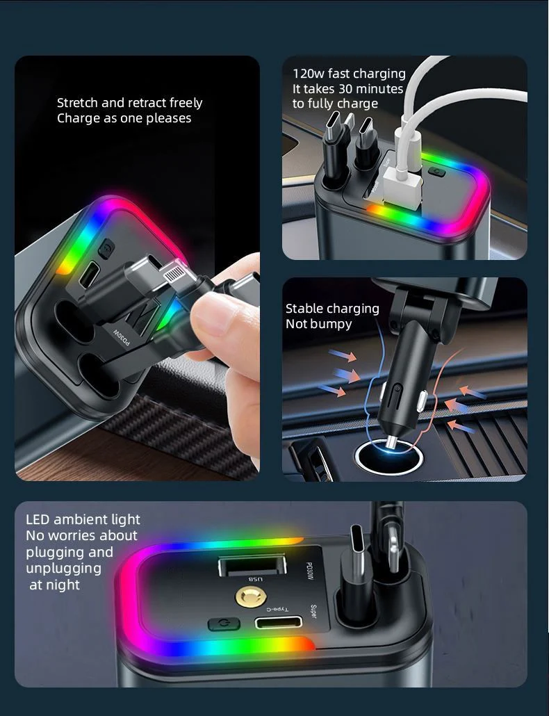 5-in-1 Retractable Car Charger – LED Starlight + QC3.0 + High-Speed USB Type-C / USB-A Outputs - Image 4