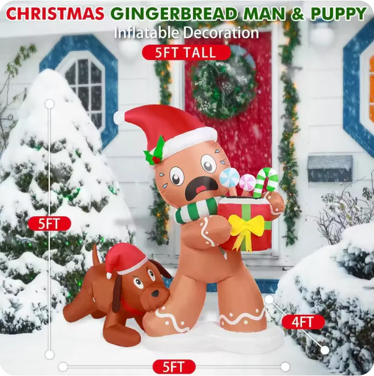 5FT Christmas Inflatable Gingerbread Man & Dog – LED Light-Up for Outdoor Decoration - Image 2
