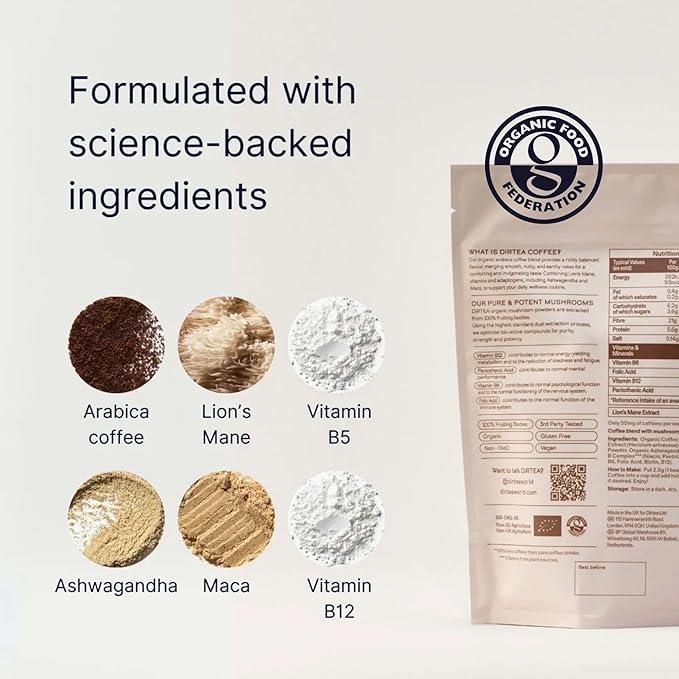 Dirtea Mushroom Coffee with Organic Lion’s Mane, Maca, Ashwagandha & Vitamin B Complex - Image 3
