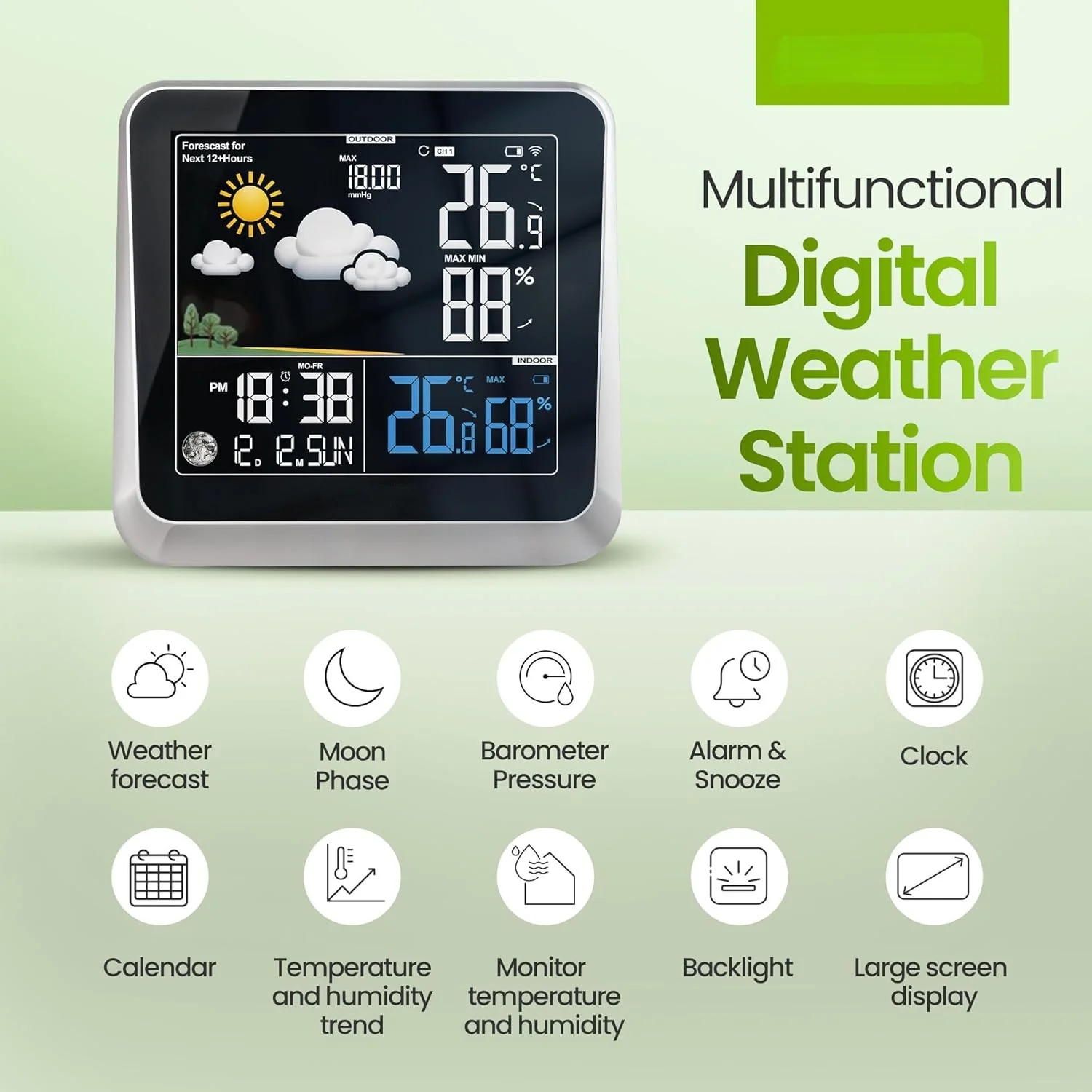 Home Weather Station & Indoor/Outdoor Thermometer Wireless – Weather Forecast, Barometer & Moon Phase Display - Image 6