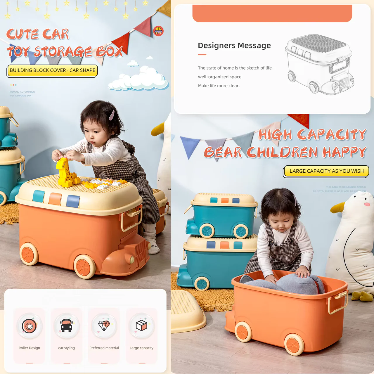 Large Kids Toy Box with Wheels – Rolling Storage Bin - Image 2