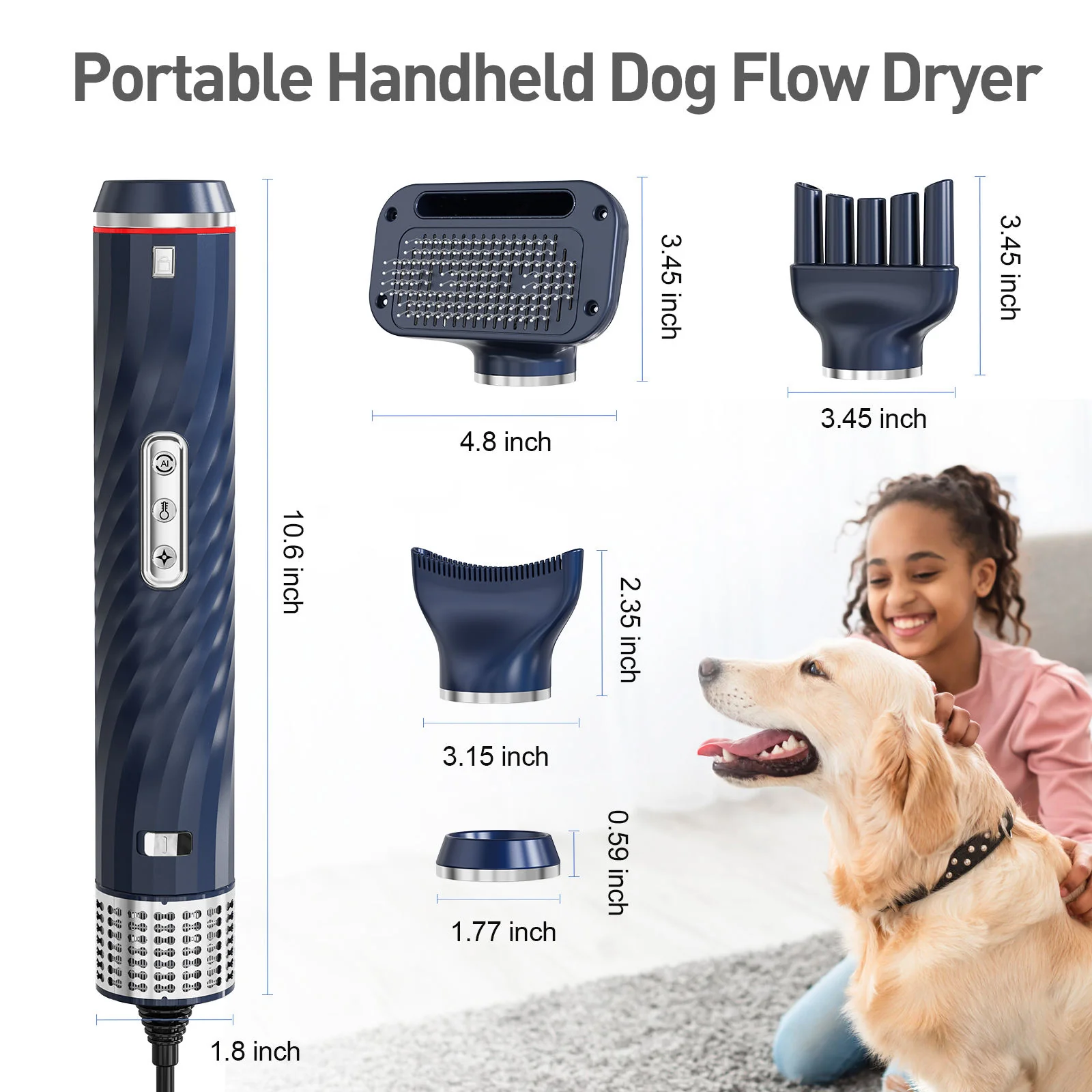 Portable Pet Hair Dryer – 3-Temperature Adjustable Grooming Blower with Rotatable Head & 4 Nozzles - Image 3