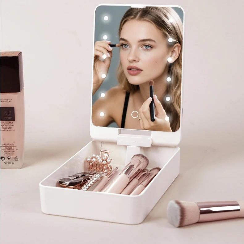 USB Rechargeable LED Makeup Mirror & Cosmetic Box – Double-Sided Pink Mirror with Brush Holder