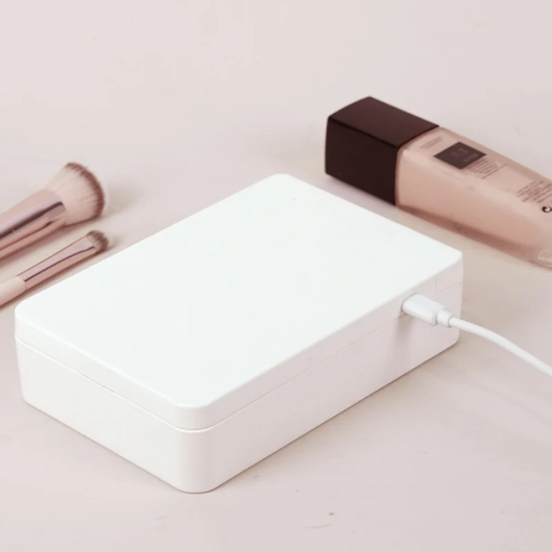 USB Rechargeable LED Makeup Mirror & Cosmetic Box – Double-Sided Pink Mirror with Brush Holder - Image 3