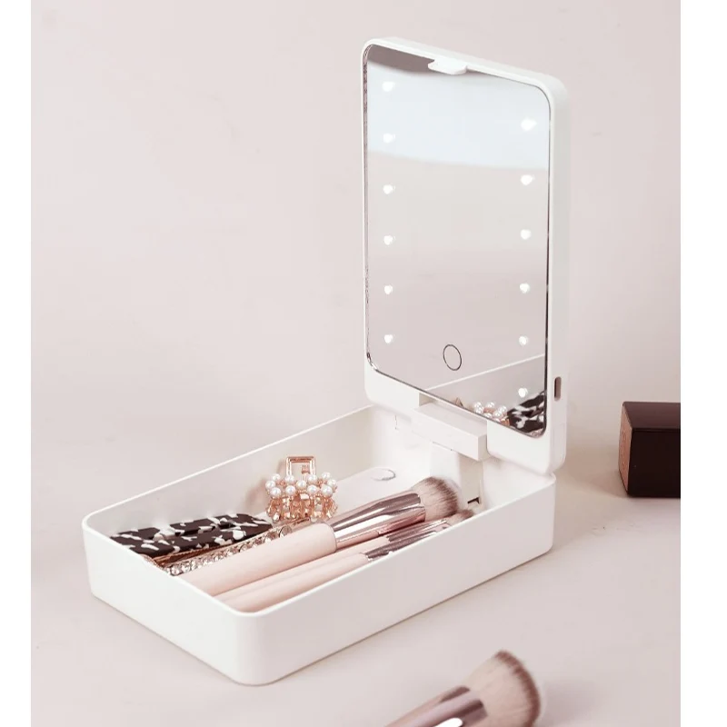 USB Rechargeable LED Makeup Mirror & Cosmetic Box – Double-Sided Pink Mirror with Brush Holder - Image 6