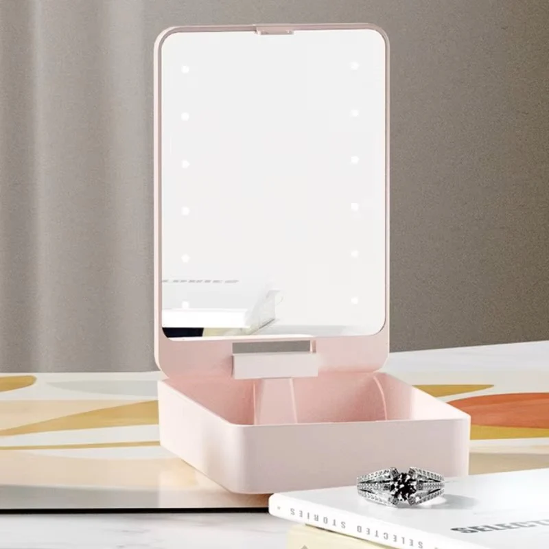 USB Rechargeable LED Makeup Mirror & Cosmetic Box – Double-Sided Pink Mirror with Brush Holder - Image 8