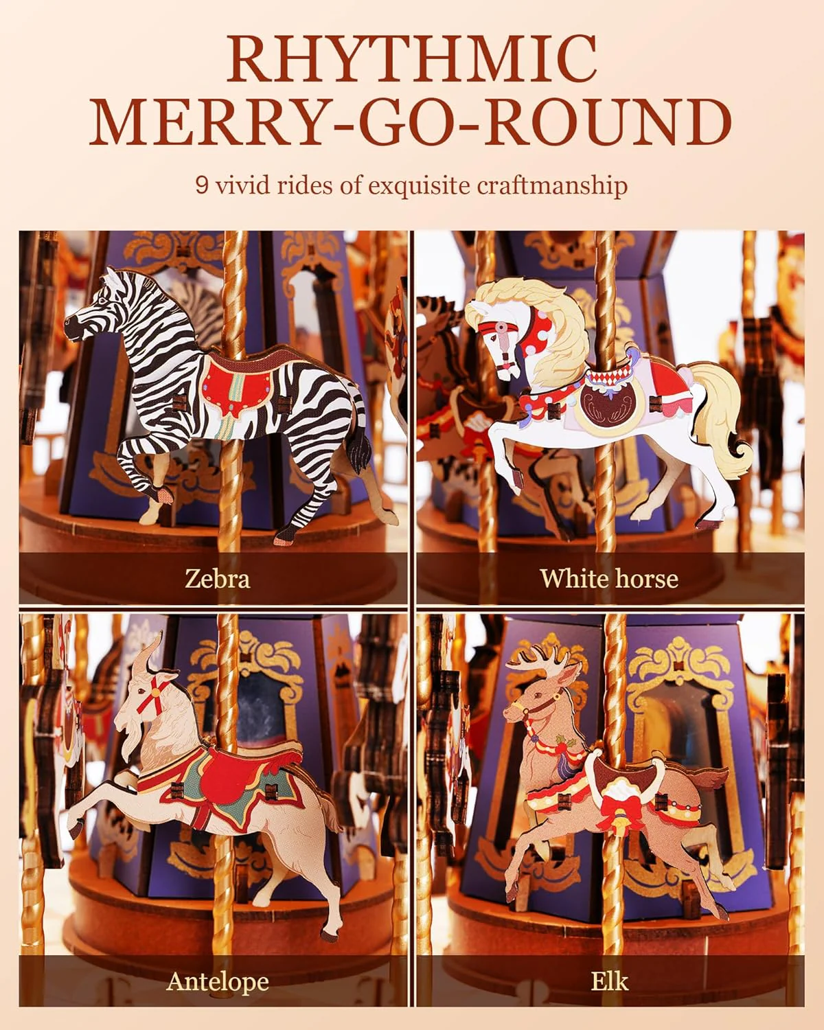 Wooden Carousel Music Box – 3D DIY Puzzle with Lights - Image 3