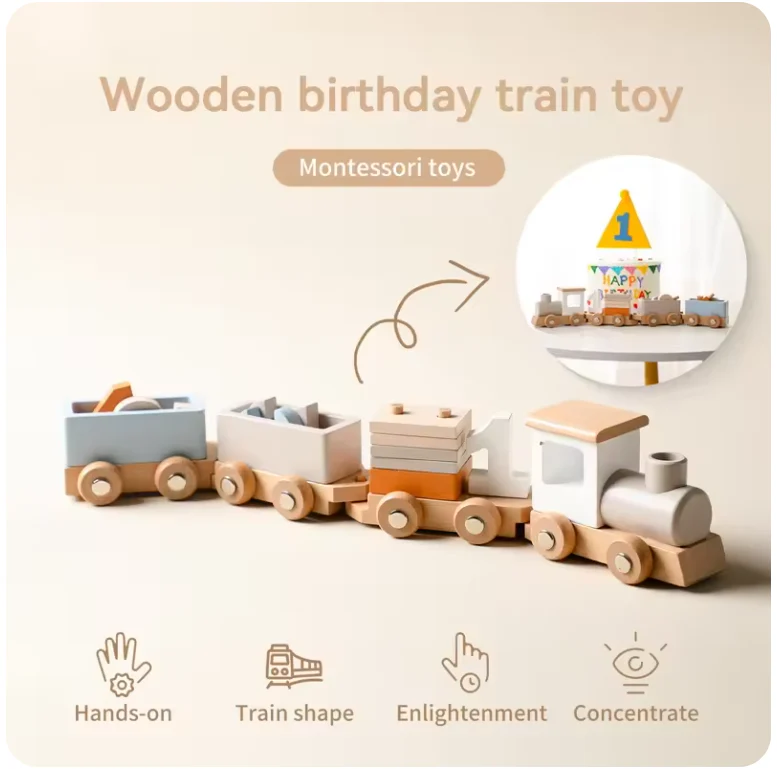 Wooden Train Birthday Toy – Montessori Educational Pull-Along Toy with Numbers & Blocks for Toddlers - Image 4